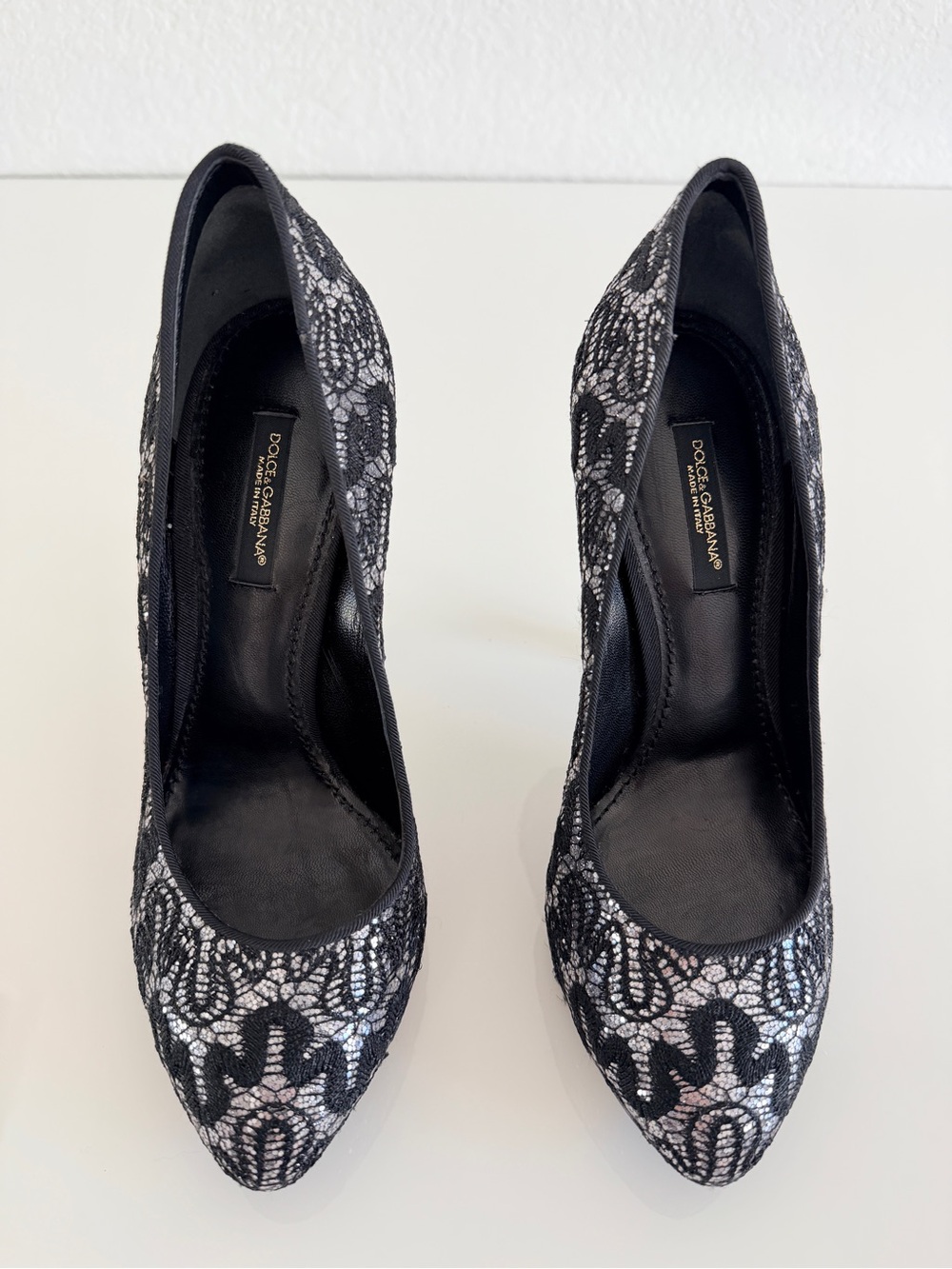 Dolce & Gabbana Black and Silver Lace Pointed Pumps